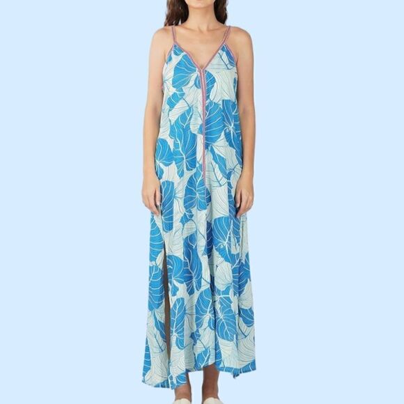 America & Beyond Blue Palm Print Embroidered Lace Detail Maxi Dress. Small. NWT! - Picture 1 of 16